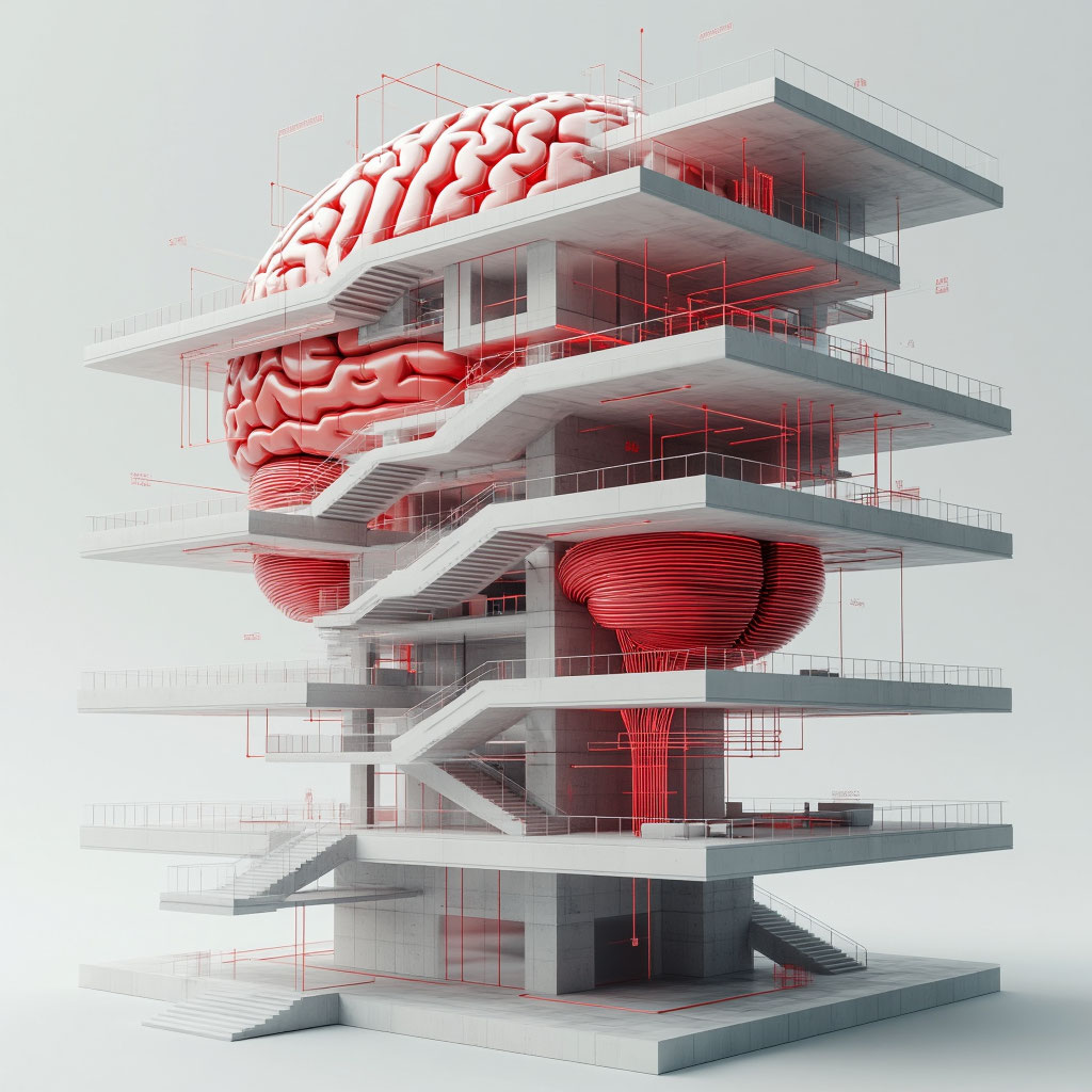 Brain merged with a multi-level building, symbolizing an integrated digital strategy where each floor represents content creation, copywriting, analytics and SEO optimization.