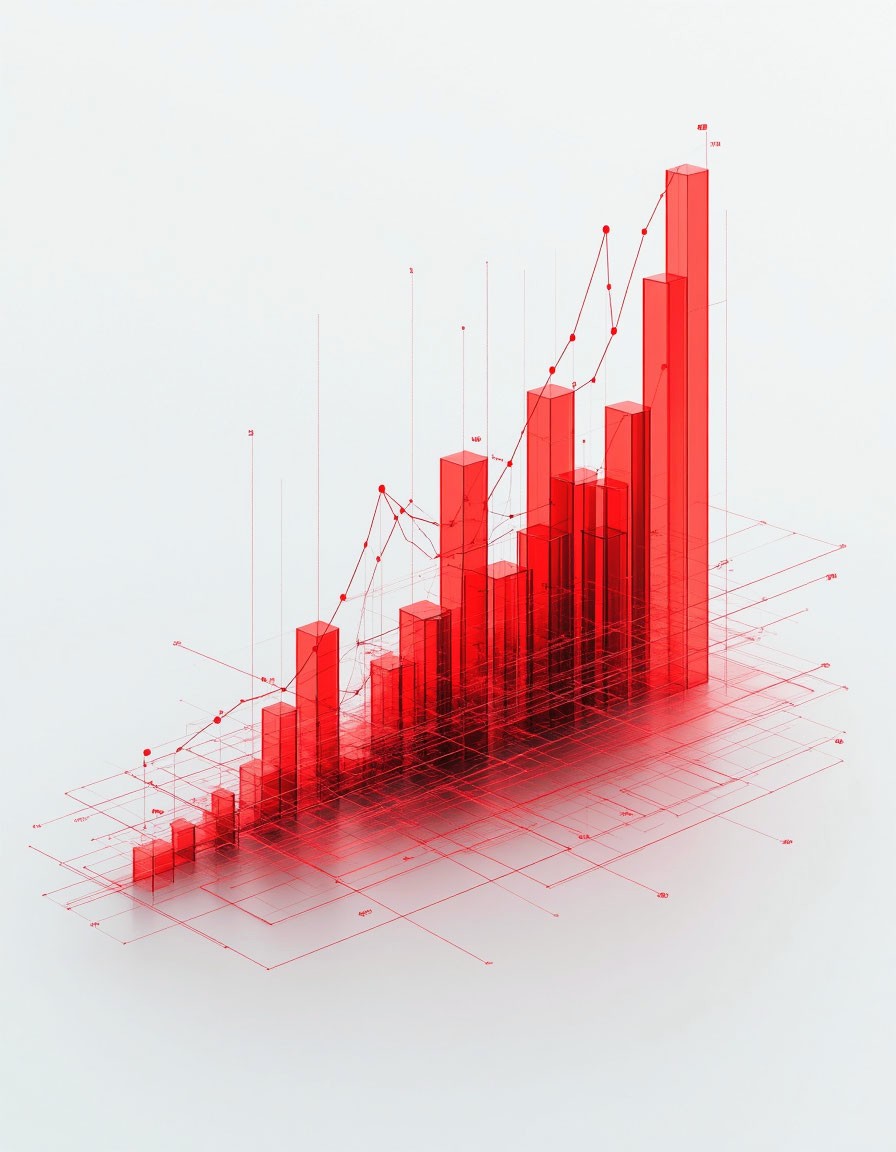 A three-dimensional growth chart with dynamic lines and columns, symbolizing the effectiveness of digital marketing thanks to the work of the Invest in Online agency.
